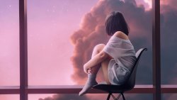 短发女孩 袜子 窗户 云 